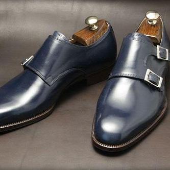 New Handmade mens Real leather Monk shoes, Men Navy blue Leather formal shoes