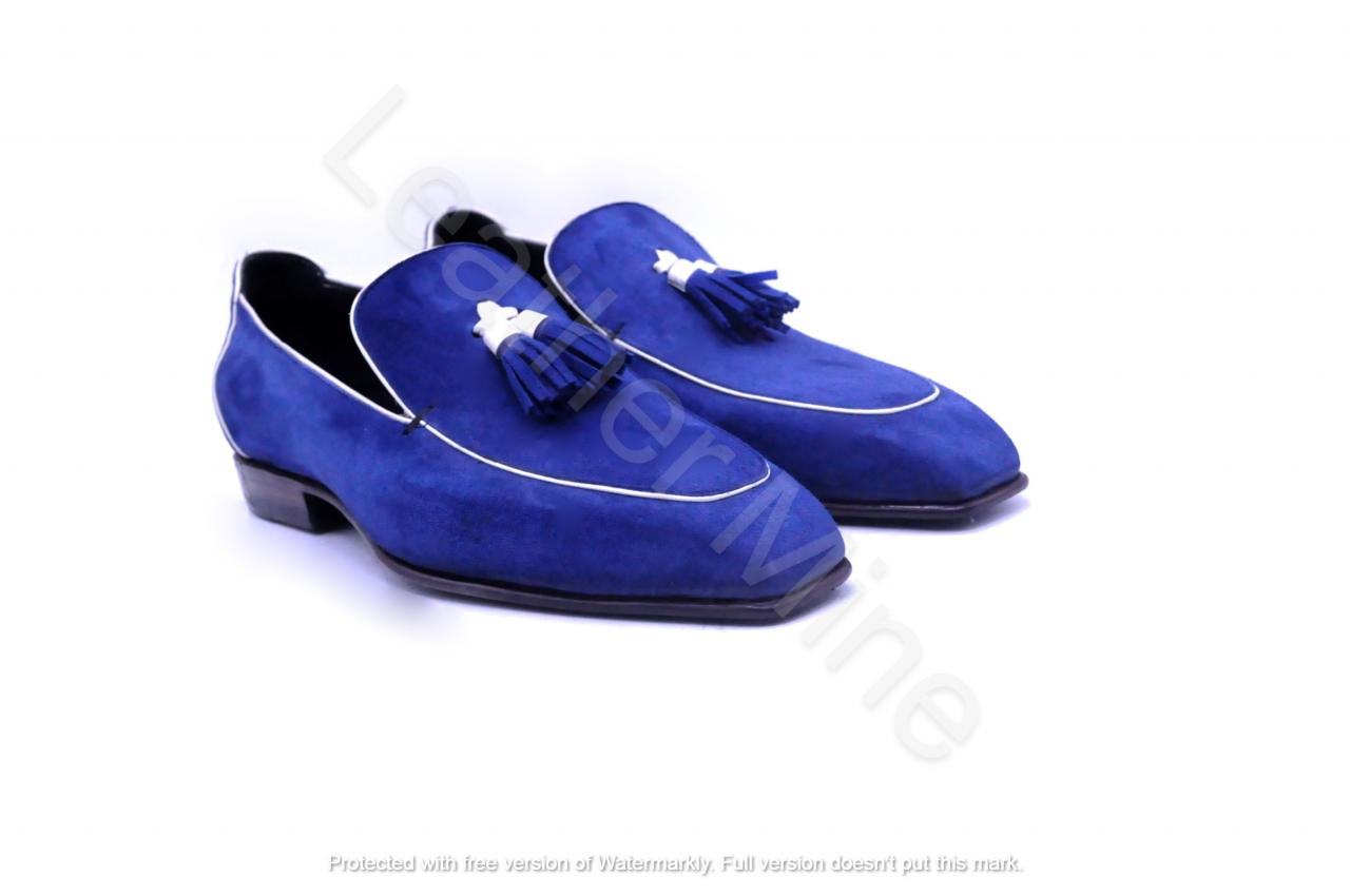 Handmade Blue Suede Leather Tassel Loafers Shoes For Men, Best Formal Shoes