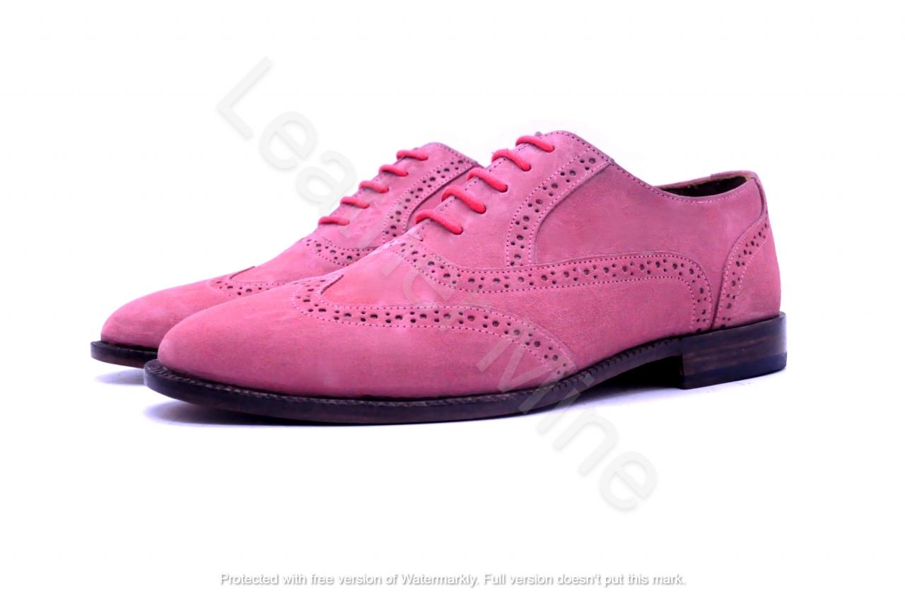 Men's Handmade Pink Suede Leather Wingtip Brogue Leather Dress Shoes For Men