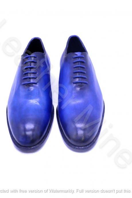 Handmade Men's Blue Patina Leather Oxfords Formal Shoes, Best Dress Shoes Men
