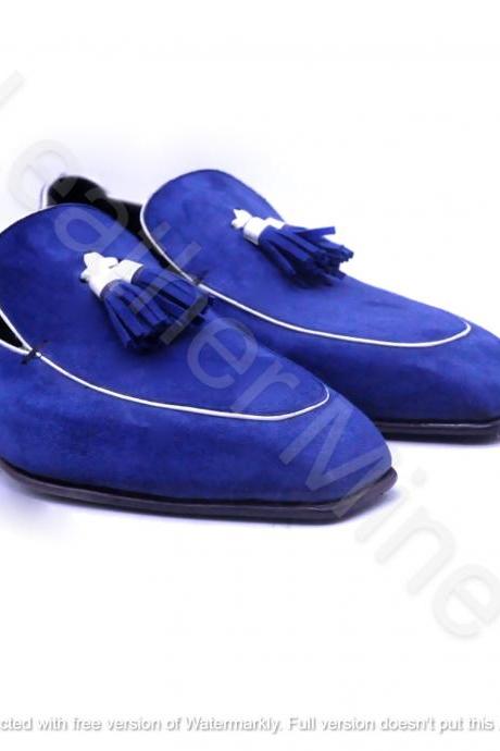 Handmade Blue Suede Leather Tassel Loafers Shoes For Men, Best Formal Shoes