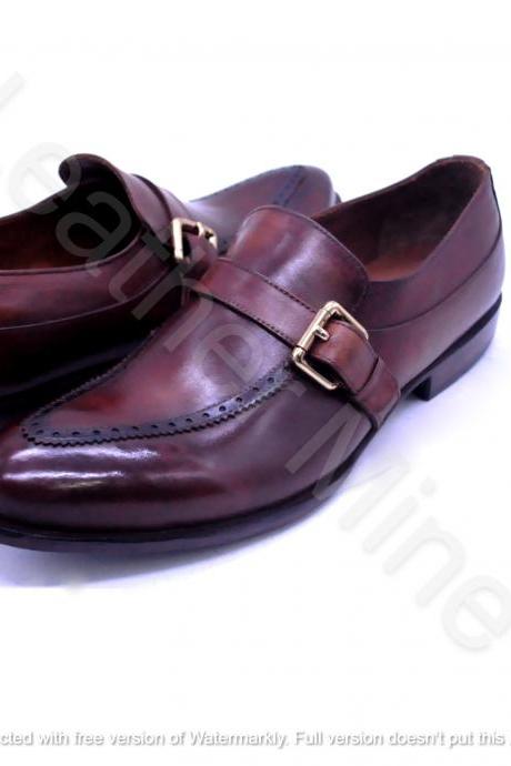 Handmade Men's Brown Leather Monk Strap Dress Formal Shoes For Men