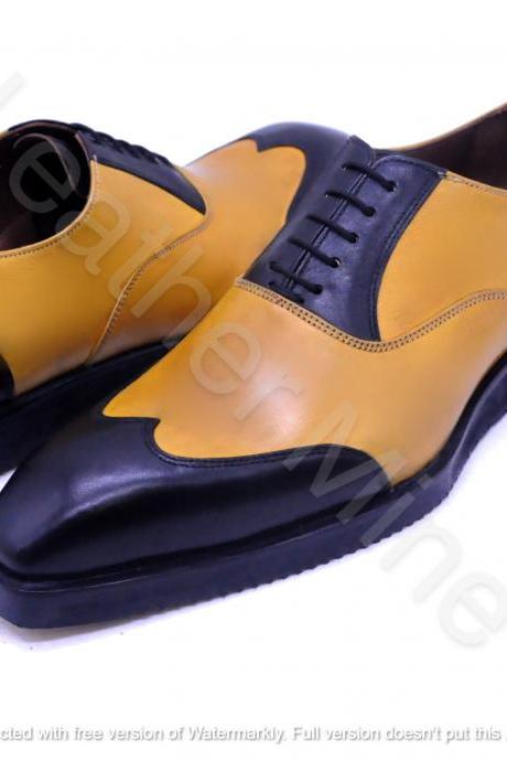 Handmade Men's Two Tone Yellow Leather Oxfords Dress Wingtip Shoes For Men