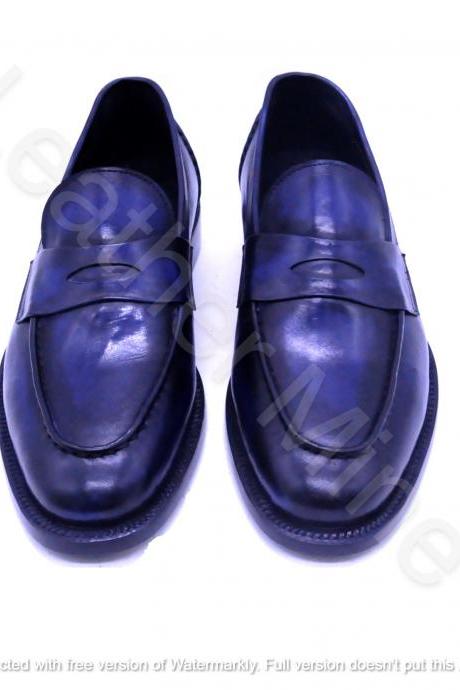 Men's Blue Patina Handmade Leather Dress Loafers, Genuine Leather Formal Shoes