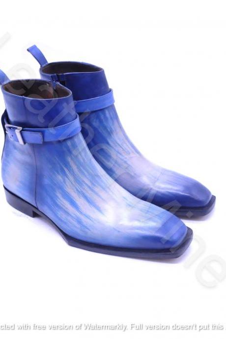 Men's Handmade Blue Patina Leather Ankle High Dress Custom Made Formal Boots