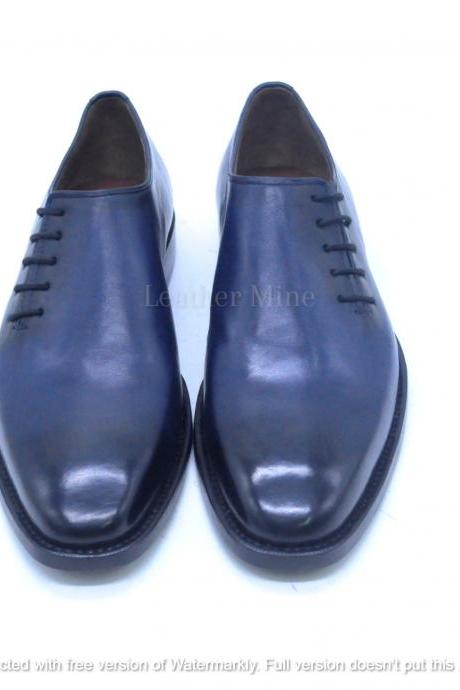 Men's Handmade Leather Shoes Blue Patina Whole Cut Oxfords Dress Shoes
