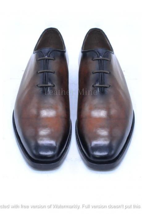 Men's Handmade Brown Patina Whole Cut Oxford Leather Dress Shoes For Men