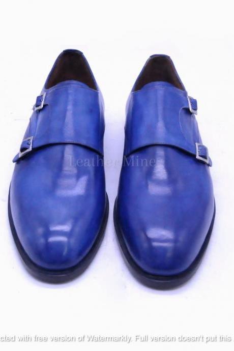 Men's Handmade Blue Patina Double Monk Dress Leather Shoes For Men