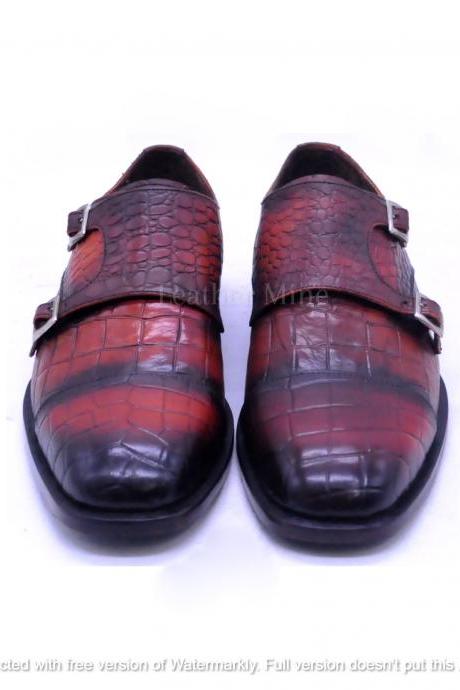  Men's Handmade Tan Patina Double Monk Strap Dress Leather Shoes For Men 
