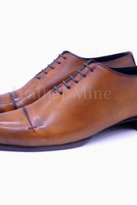 Handmade Men's Tan Patina Leather Oxfords Formal Custom Made Shoes