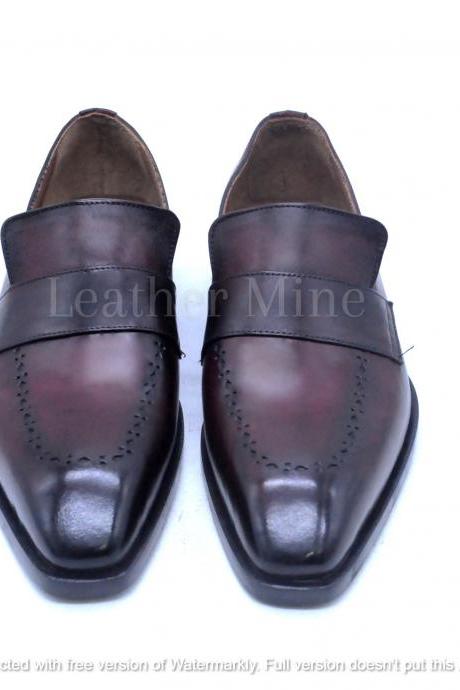 Handmade Men's Ox Blood Patina Leather Dress Loafers Formal Shoes For Men