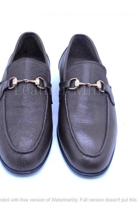 Handmade Men's Brown Grains Leather Dress Loafers Custom Made Shoes For Men
