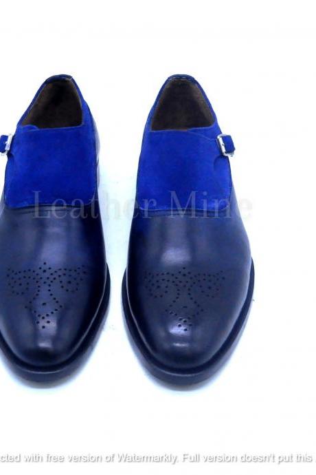 Handmade Men's Black and Blue Suede Leather Monk Strap Dress Shoes For Men