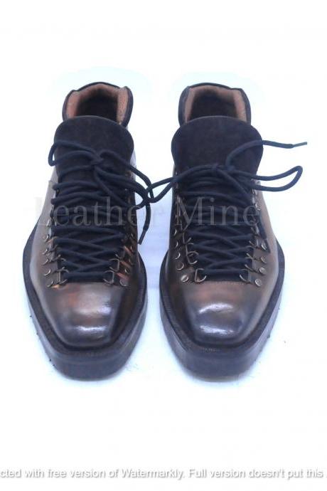 Men's Handmade Brown Patina Leather Ankle High Dress Boots For Men