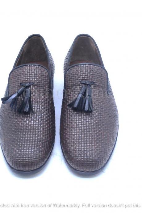 Handmade Men's Brown Woven Leather Tassel Loafers Dress Shoes For Men