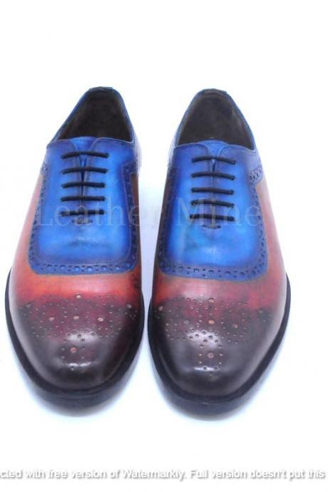 Men's Handmade Blue Patina Semi Brogue Oxford Leather Dress Shoes For Men