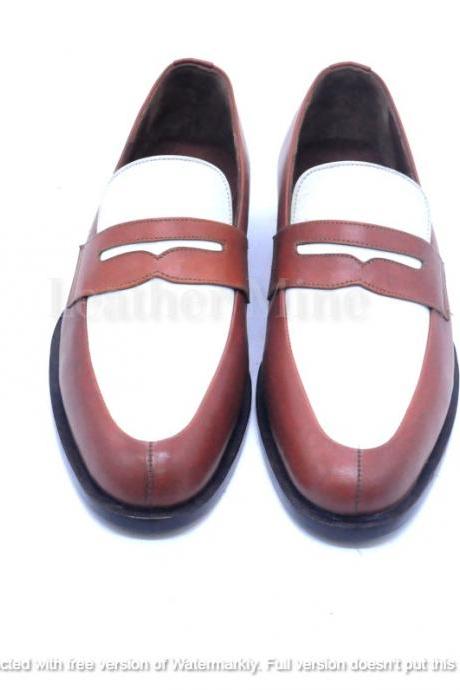 Handmade Men's Two Tone Leather Dress Loafers Shoes For Men