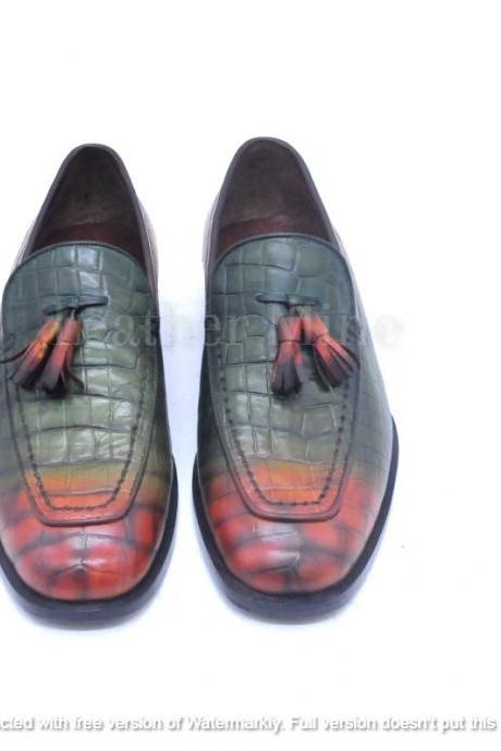 Handmade Men's Two Tone Tassel Patina Crocodile Leather Loafers Shoes For Men