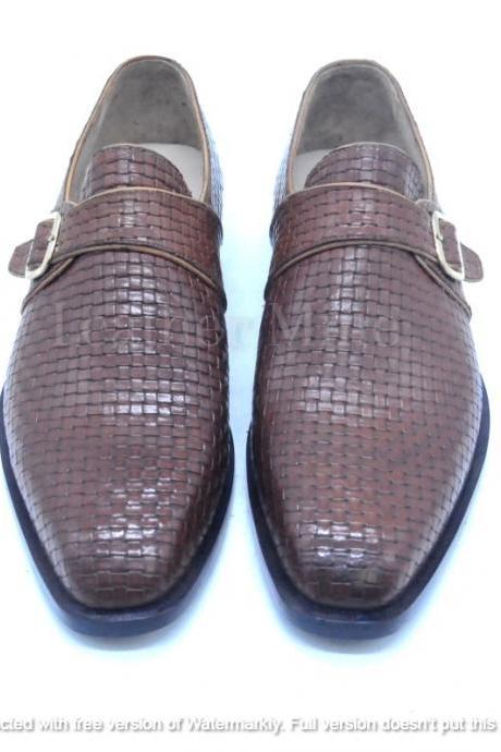 Handmade Men's Brown Woven Leather Monk Shoes For men, Custom Made